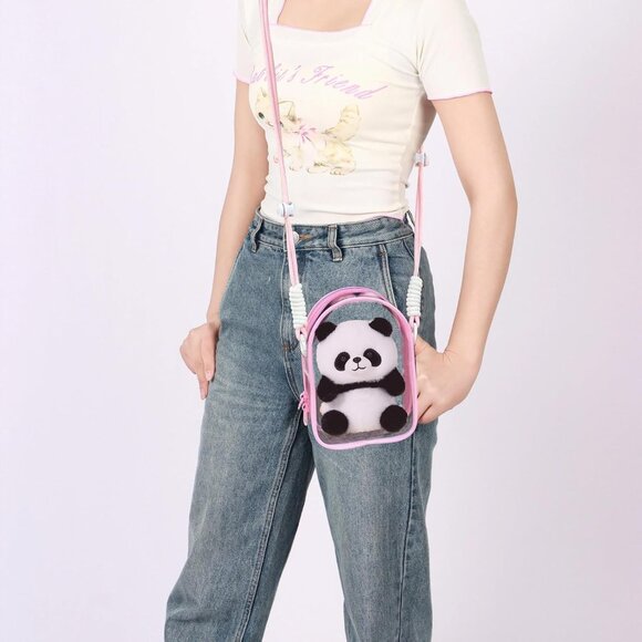 Large Clear Doll Carrying Case with Keychain and Pompom Design, Portable Storage - Picture 3 of 5